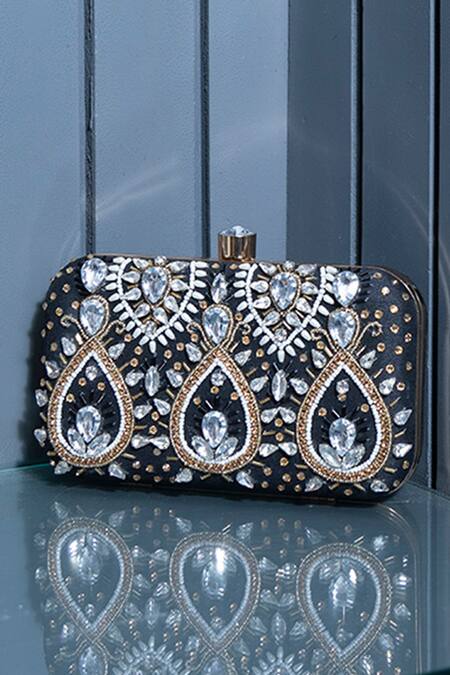 The Tan Clan_Black Stones, Beads, Crystals Kalah Embroidered Clutch _at_Aza_Fashions