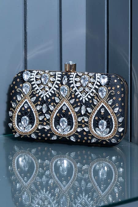 Buy_The Tan Clan_Black Stones, Beads, Crystals Kalah Embroidered Clutch 