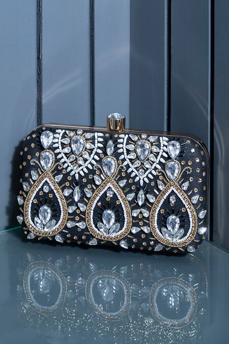 Shop_The Tan Clan_Black Stones, Beads, Crystals Kalah Embroidered Clutch 