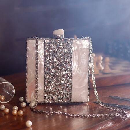 Buy The Tan Clan Silver Mother Of Pearls Liyana Embellished Clutch Buy_The Tan Clan_Silver Mother Of Pearls Liyana Embellished Clutch