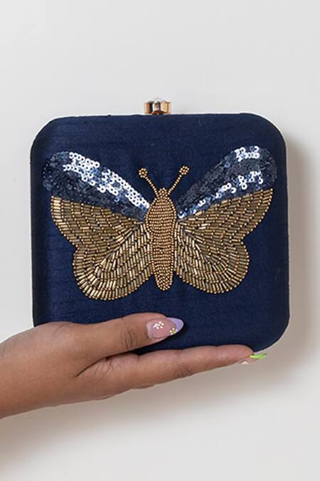 Shop The Tan Clan Blue Beads, Sequins Nigah Butterfly Hand Embroidered Clutch Online at Aza Fashions Shop_The Tan Clan_Blue Beads, Sequins Nigah Butterfly Hand Embroidered Clutch _Online_at_Aza_Fashions