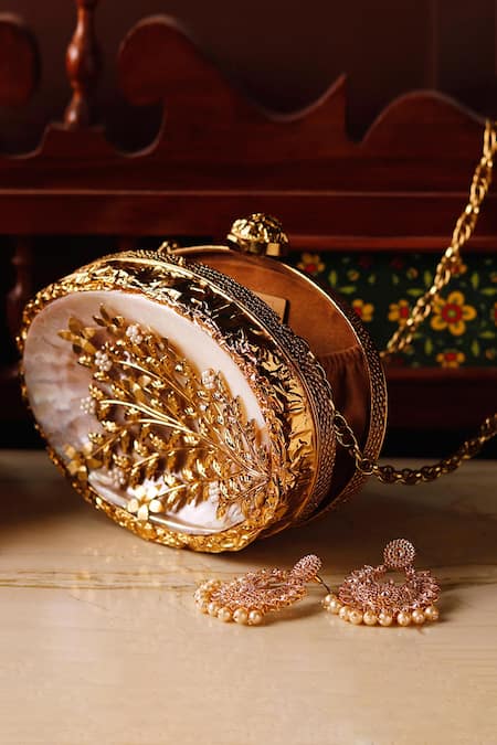 The Tan Clan Gold Embroidery, Beads Noor Floral Pattern Clutch Online at Aza Fashions The Tan Clan_Gold Embroidery, Beads Noor Floral Pattern Clutch _Online_at_Aza_Fashions