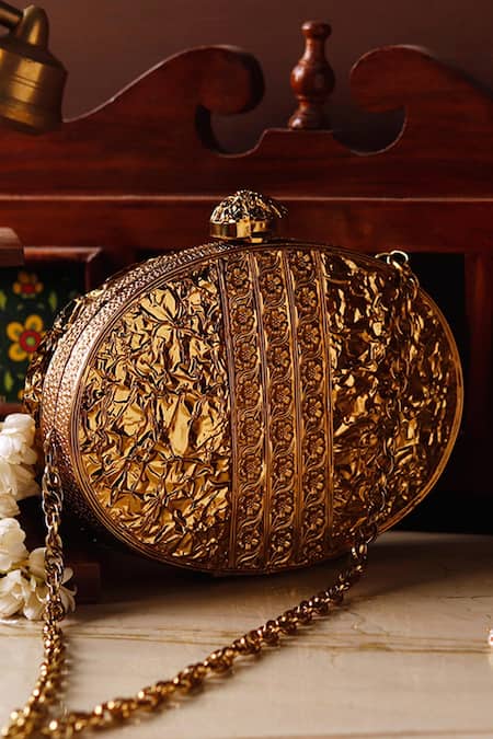 Shop The Tan Clan Gold Embroidery, Beads Noor Floral Pattern Clutch Online at Aza Fashions Shop_The Tan Clan_Gold Embroidery, Beads Noor Floral Pattern Clutch _Online_at_Aza_Fashions