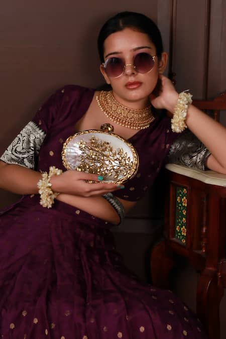 Shop The Tan Clan Gold Embroidery, Beads Noor Floral Pattern Clutch at Aza Fashions Shop_The Tan Clan_Gold Embroidery, Beads Noor Floral Pattern Clutch _at_Aza_Fashions