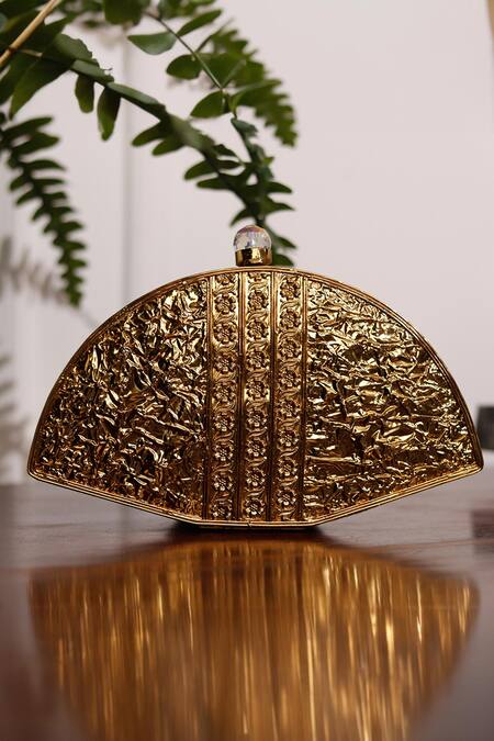 The Tan Clan_Gold Crystals, Stones, Pearls Pankh Mother Of Embellished Clutch _Online_at_Aza_Fashions