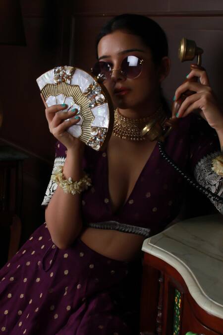 Buy_The Tan Clan_Gold Crystals, Stones, Pearls Pankh Mother Of Embellished Clutch 