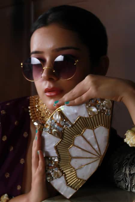 Shop_The Tan Clan_Gold Crystals, Stones, Pearls Pankh Mother Of Embellished Clutch 