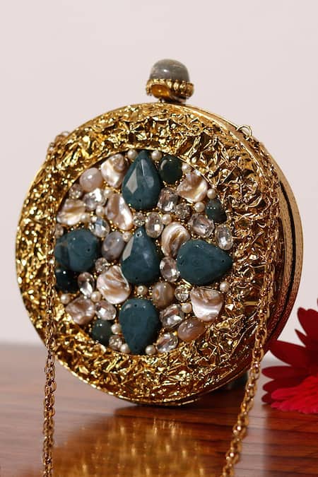 Shop_The Tan Clan_Gold Crystals, Zari Qurbat Mother Of Pearls Embellished Clutch _Online_at_Aza_Fashions