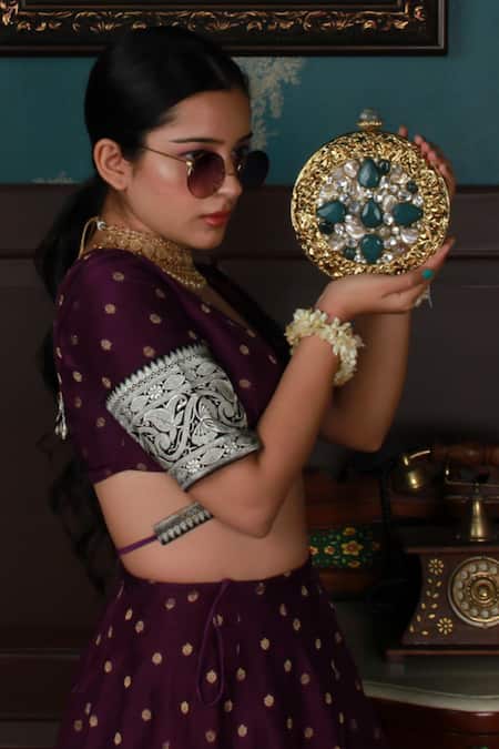 Shop_The Tan Clan_Gold Crystals, Zari Qurbat Mother Of Pearls Embellished Clutch 