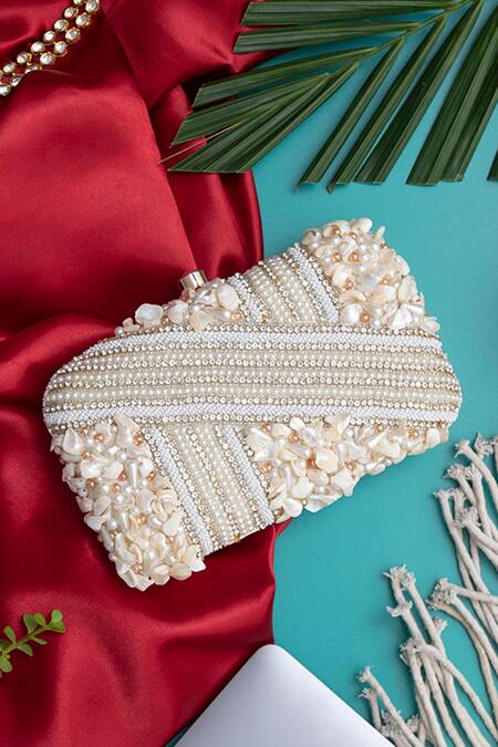 Buy The Tan Clan White Pearls, Zari Saliha Sea Shells Embroidered Clutch Online at Aza Fashions Buy_The Tan Clan_White Pearls, Zari Saliha Sea Shells Embroidered Clutch _Online_at_Aza_Fashions