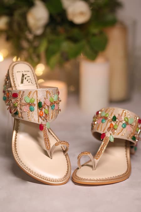 Shop House Of Vian Multi Color Cut Work, Stones, Beads Irya Kolhapuri Block Heels at Aza Fashions Shop_House Of Vian_Multi Color Cut Work, Stones, Beads Irya Kolhapuri Block Heels _at_Aza_Fashions