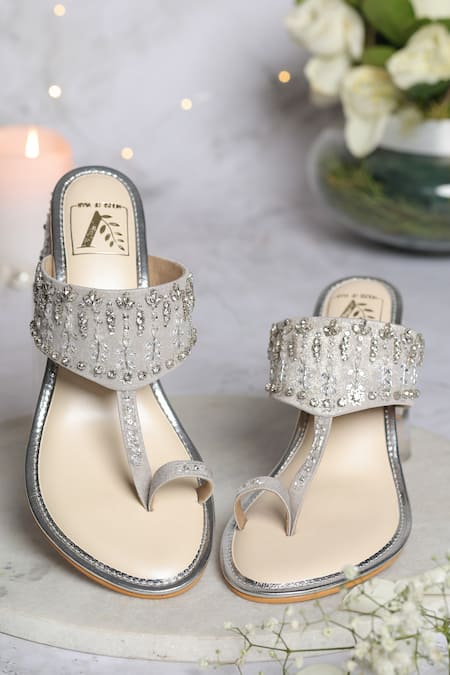 Shop House Of Vian Silver Cut Work, Beads, Sitarah Crystal Embroidered Kolhapuri Block Heels at Aza Fashions Shop_House Of Vian_Silver Cut Work, Beads, Sitarah Crystal Embroidered Kolhapuri Block Heels _at_Aza_Fashions