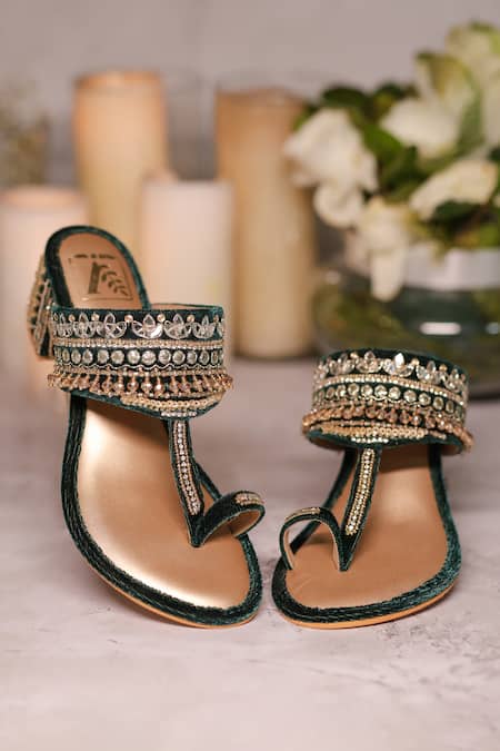 House Of Vian Green Cut Work, Mirrors, Beads Zoya Embellished Block Heels 