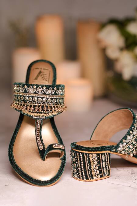 House Of Vian Green Cut Work, Mirrors, Beads Zoya Embellished Block Heels Online at Aza Fashions House Of Vian_Green Cut Work, Mirrors, Beads Zoya Embellished Block Heels _Online_at_Aza_Fashions