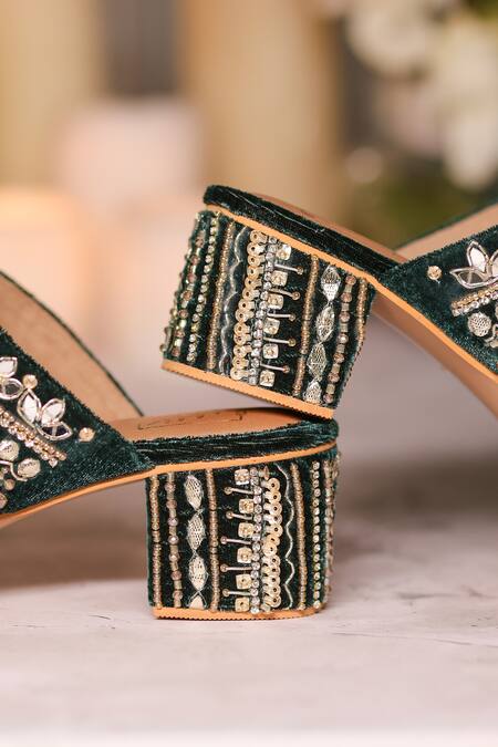 Buy House Of Vian Green Cut Work, Mirrors, Beads Zoya Embellished Block Heels Online at Aza Fashions Buy_House Of Vian_Green Cut Work, Mirrors, Beads Zoya Embellished Block Heels _Online_at_Aza_Fashions