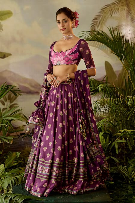 Buy_Baise Gaba_Purple Georgette, Modal Sequins, Cut Work Round Neck Tejas Lotus Print Blouse _Online_at_Aza_Fashions