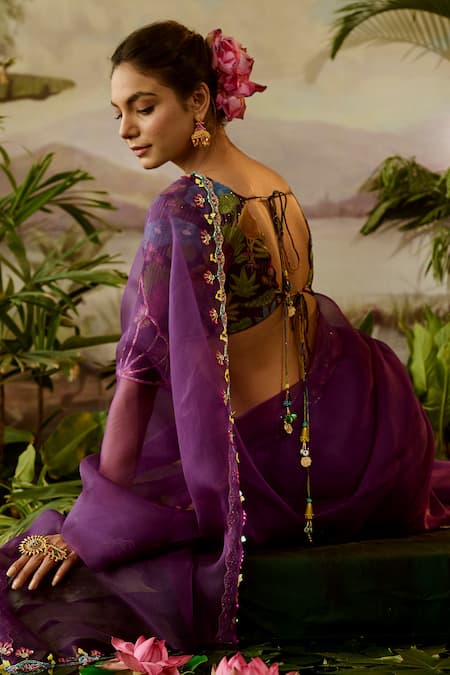 Shop_Baise Gaba_Purple Gopi Zardozi Border Embroidered Saree With Unstitched Blouse Piece _at_Aza_Fashions