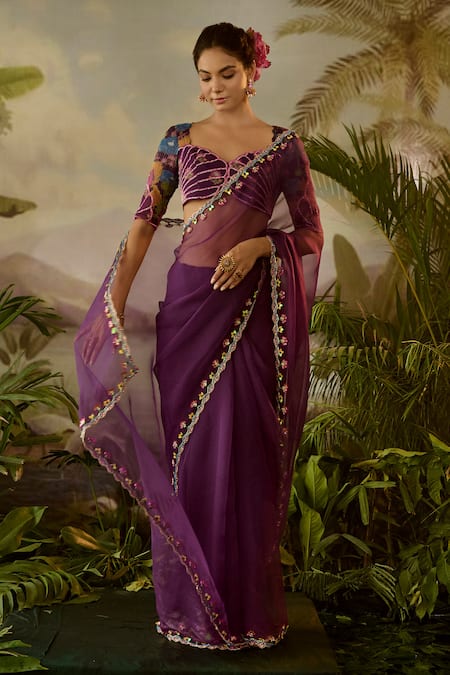 Baise Gaba_Purple Gopi Zardozi Border Embroidered Saree With Unstitched Blouse Piece _Online_at_Aza_Fashions