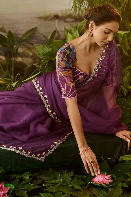 Baise Gaba_Purple Gopi Zardozi Border Embroidered Saree With Unstitched Blouse Piece _at_Aza_Fashions