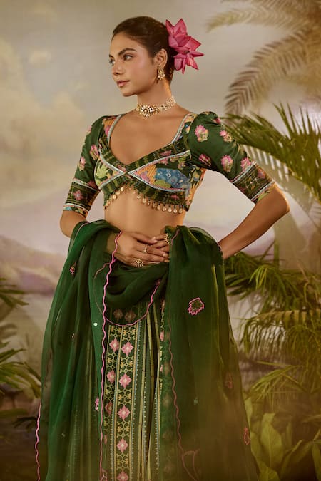 Buy Baise Gaba Green Georgette, Modal Embroidery V-neck Riyas Lotus Print Blouse Online at Aza Fashions Buy_Baise Gaba_Green Georgette, Modal Embroidery V-neck Riyas Lotus Print Blouse _Online_at_Aza_Fashions
