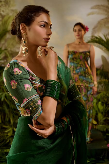 Shop Baise Gaba Green Georgette, Modal Embroidery V-neck Riyas Lotus Print Blouse Online at Aza Fashions Shop_Baise Gaba_Green Georgette, Modal Embroidery V-neck Riyas Lotus Print Blouse _Online_at_Aza_Fashions