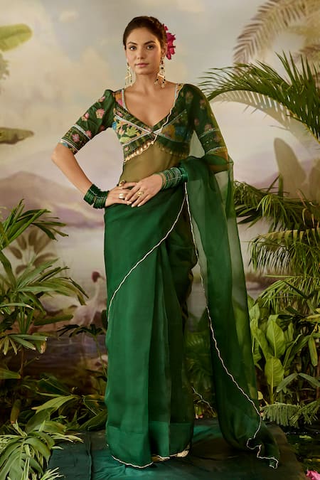 Baise Gaba_Green Organza Zari Taru Embroidered Bordered Saree With Unstitched Blouse Piece _Online_at_Aza_Fashions