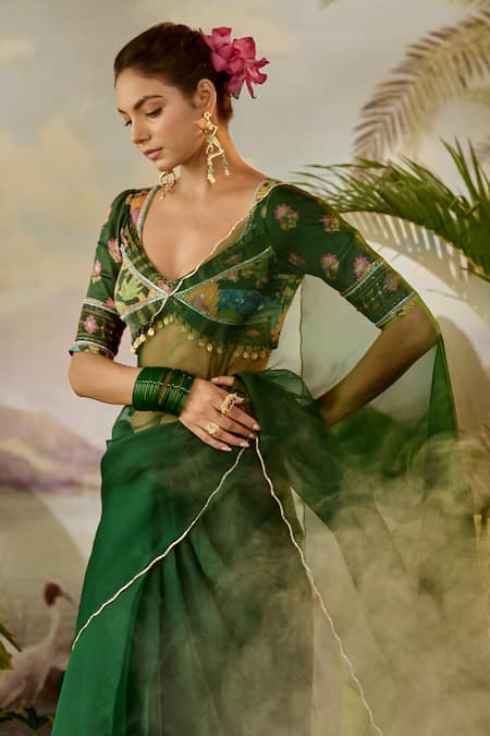 Buy_Baise Gaba_Green Organza Zari Taru Embroidered Bordered Saree With Unstitched Blouse Piece _Online_at_Aza_Fashions