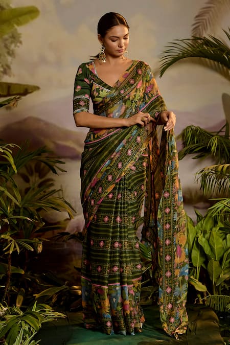 Buy_Baise Gaba_Green Lurex, Chiffon Falguni Stripe Print Saree With Unstitched Blouse Piece _Online_at_Aza_Fashions
