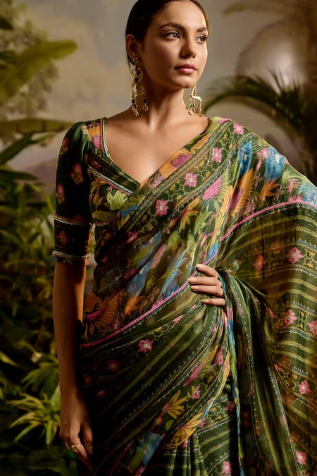 Shop_Baise Gaba_Green Lurex, Chiffon Falguni Stripe Print Saree With Unstitched Blouse Piece _Online_at_Aza_Fashions