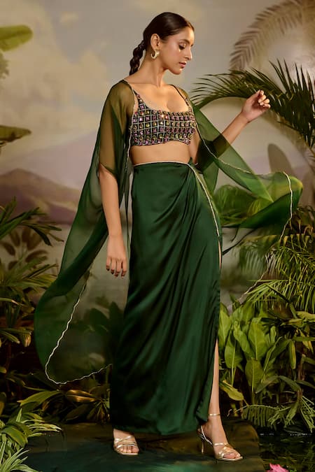 Baise Gaba Green Satin Silk Hand Embroidered Trishna High Slit Draped Skirt 