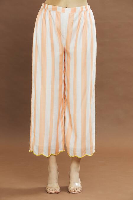 Sureena Chowdhri_Peach Printed Stripe V Neck Kurta Set_Online_at_Aza_Fashions