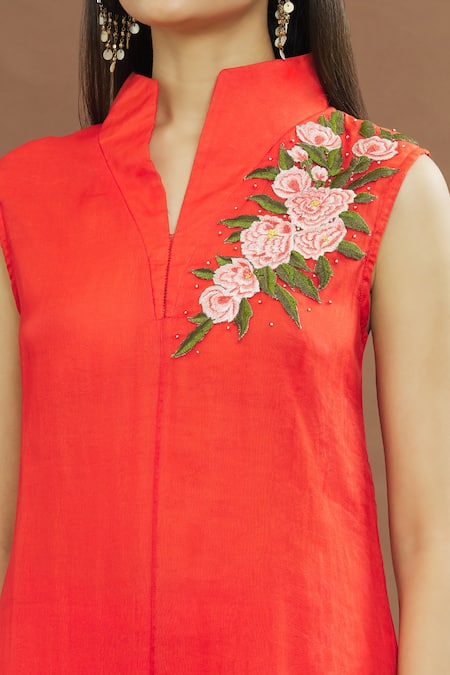 Shop_Varsha Wadhwa_Red Cotton Embroidery Split V-neck Resham Work Kurta And Pant Set _Online_at_Aza_Fashions
