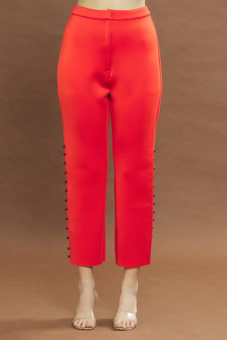 Varsha Wadhwa_Red Cotton Embroidery Split V-neck Resham Work Kurta And Pant Set _at_Aza_Fashions