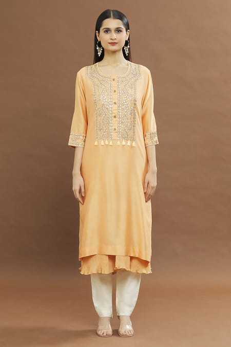 Chandni Rai_Orange Tassels Round Neck Gota Work Kurta _Online_at_Aza_Fashions