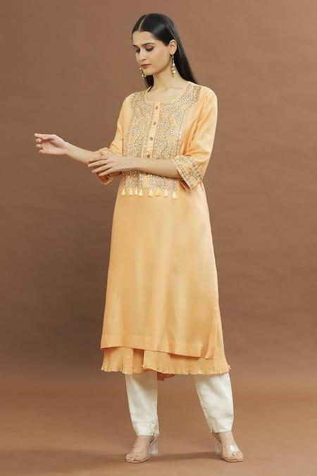 Buy_Chandni Rai_Orange Tassels Round Neck Gota Work Kurta _Online_at_Aza_Fashions