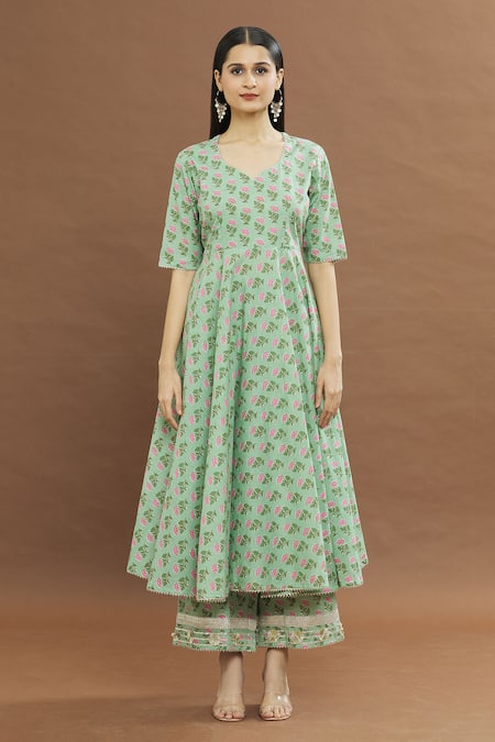 Pomcha Jaipur_Green Cotton, Chiffon Embroidery, Gota Patti Split Floral Print Anarkali Set _Online_at_Aza_Fashions