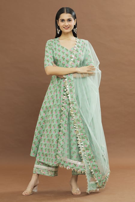 Buy_Pomcha Jaipur_Green Cotton, Chiffon Embroidery, Gota Patti Split Floral Print Anarkali Set _Online_at_Aza_Fashions