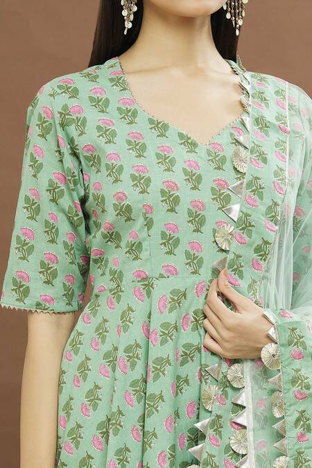 Shop_Pomcha Jaipur_Green Cotton, Chiffon Embroidery, Gota Patti Split Floral Print Anarkali Set _Online_at_Aza_Fashions