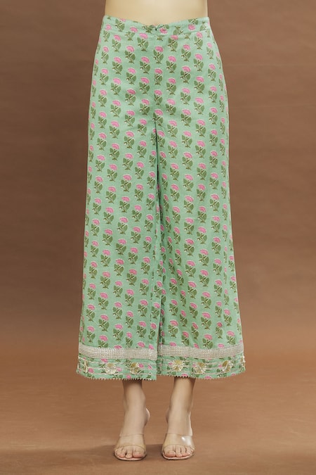 Pomcha Jaipur_Green Cotton, Chiffon Embroidery, Gota Patti Split Floral Print Anarkali Set _at_Aza_Fashions