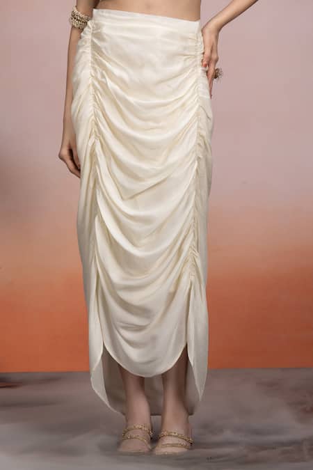 Mona And Vishu_Ivory Silk Beads, Crystals Round Neck And Embroidered Crop Top & Pencil Skirt Set _Online_at_Aza_Fashions