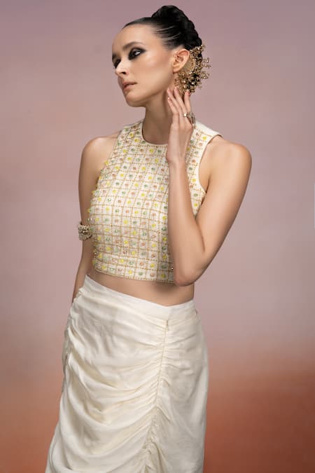 Mona And Vishu_Ivory Silk Beads, Crystals Round Neck And Embroidered Crop Top & Pencil Skirt Set _at_Aza_Fashions