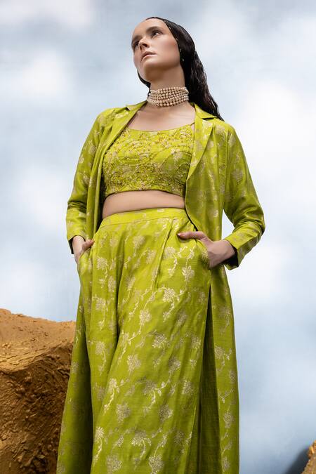Mona And Vishu Green Silk Crystals, Beads, Embroidery, Zari Work Trench Coat Wide Leg Pant Online at Aza Fashions Mona And Vishu_Green Silk Crystals, Beads, Embroidery, Zari Work Trench Coat Wide Leg Pant _Online_at_Aza_Fashions