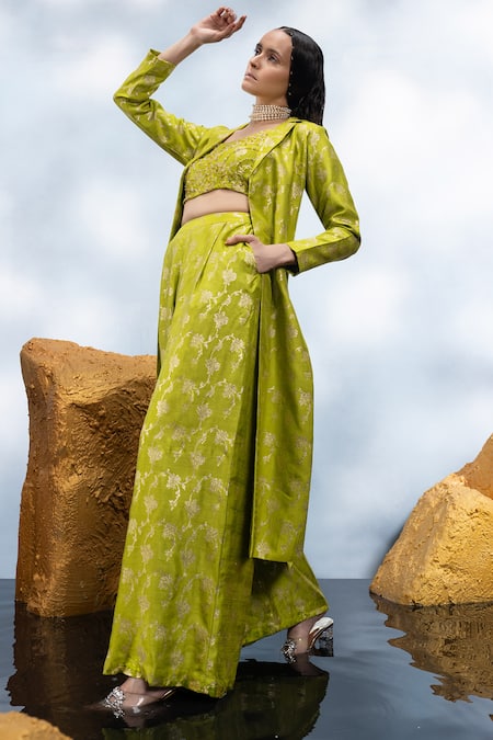 Buy Mona And Vishu Green Silk Crystals, Beads, Embroidery, Zari Work Trench Coat Wide Leg Pant Online at Aza Fashions Buy_Mona And Vishu_Green Silk Crystals, Beads, Embroidery, Zari Work Trench Coat Wide Leg Pant _Online_at_Aza_Fashions