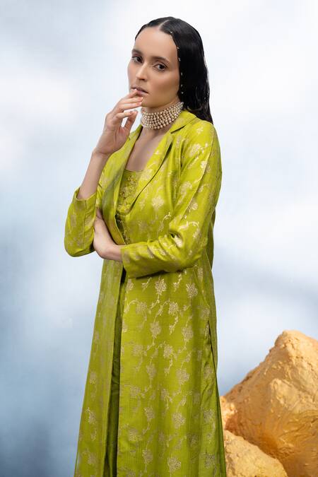 Shop Mona And Vishu Green Silk Crystals, Beads, Embroidery, Zari Work Trench Coat Wide Leg Pant Online at Aza Fashions Shop_Mona And Vishu_Green Silk Crystals, Beads, Embroidery, Zari Work Trench Coat Wide Leg Pant _Online_at_Aza_Fashions