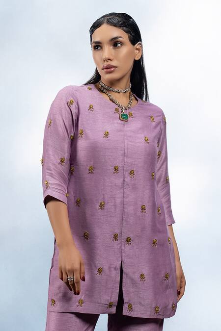 Mona And Vishu_Purple Silk Crystals Round Neck Embroidered Tunic And Pant Set _Online_at_Aza_Fashions