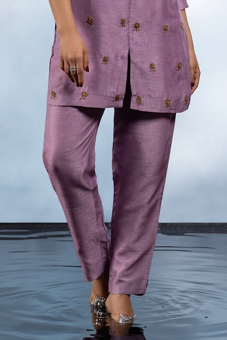 Buy_Mona And Vishu_Purple Silk Crystals Round Neck Embroidered Tunic And Pant Set _Online_at_Aza_Fashions