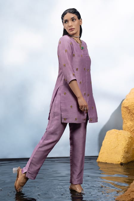Shop_Mona And Vishu_Purple Silk Crystals Round Neck Embroidered Tunic And Pant Set _Online_at_Aza_Fashions
