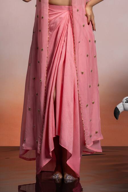 Buy_Mona And Vishu_Pink Organza, Silk Beads Open Neck, Plunge Embroidered Jacket Draped Skirt Set _Online_at_Aza_Fashions