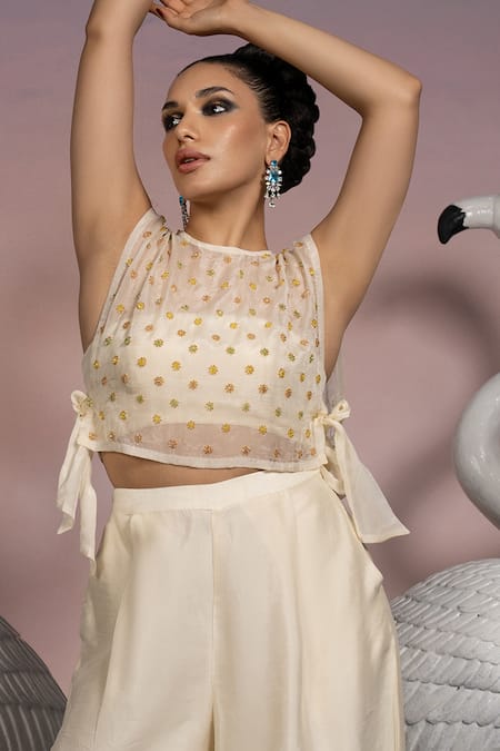 Buy_Mona And Vishu_Ivory Silk, Denim Beads, Crystals Round Neck And Embroidered Crop Top & Pant Set _Online_at_Aza_Fashions