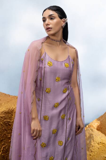Mona And Vishu_Purple Cotton, Chiffon Embroidery Round Candy Flower Embellished Kurta Pant Set _Online_at_Aza_Fashions